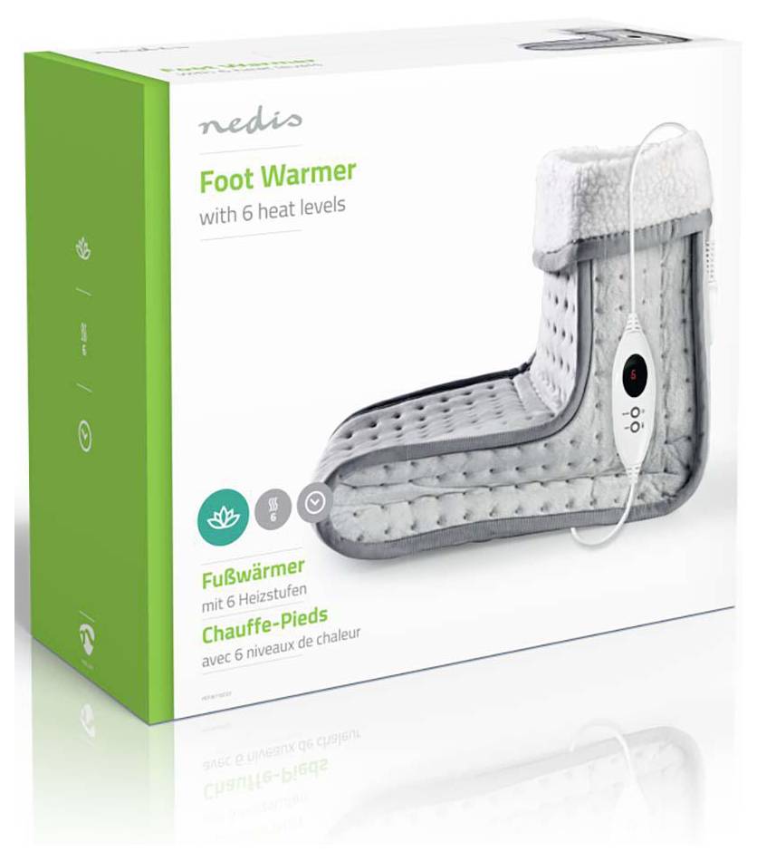 Das Bild zeigt eine Verpackung des 'Nedis Fußwärmers' mit einem grauen, plüschigen Stiefel, der über ein Steuergerät verfügt. Der Text weist auf sechs Heizstufen hin.