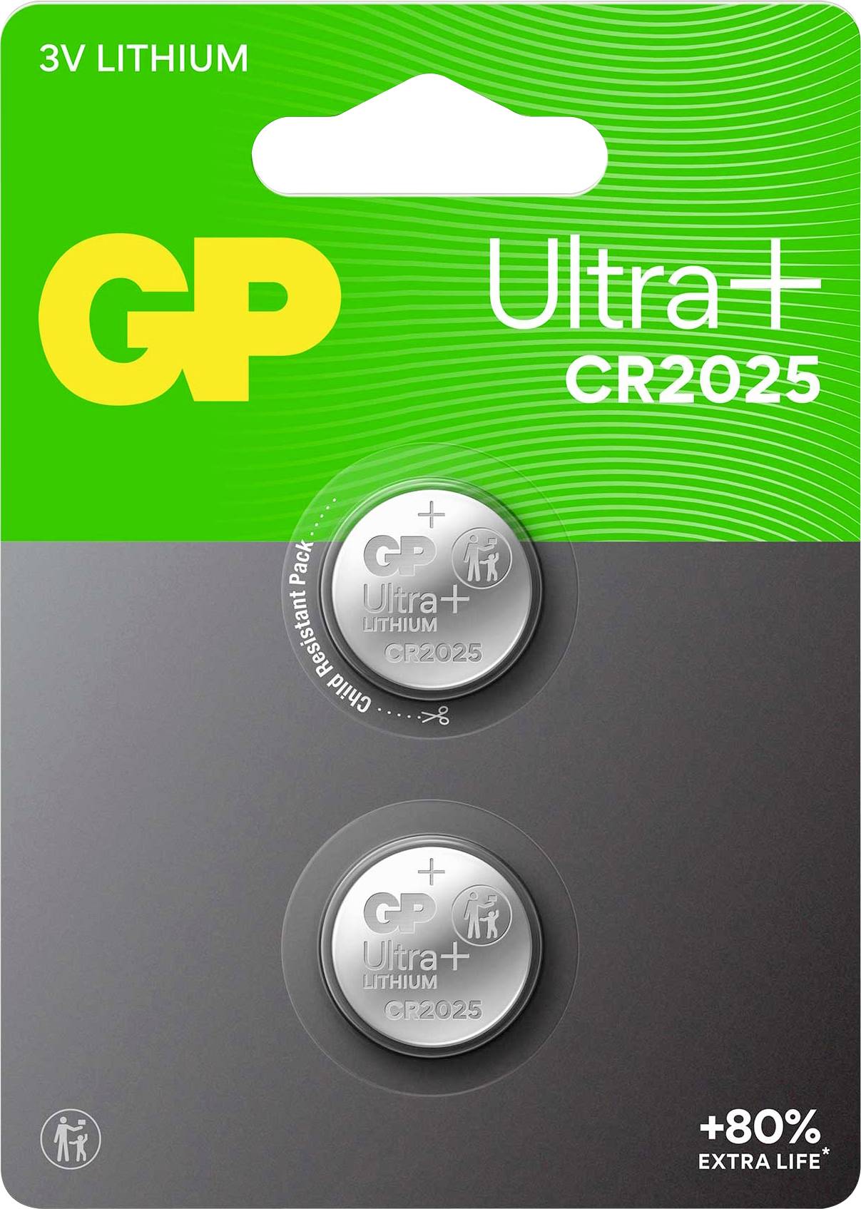 'GP Ultra CR2025' Lithiumbatterien in der Verpackung, mit zwei runden silbernen Zellen. Die Verpackung hebt '+80% Extra-Lebensdauer' hervor.