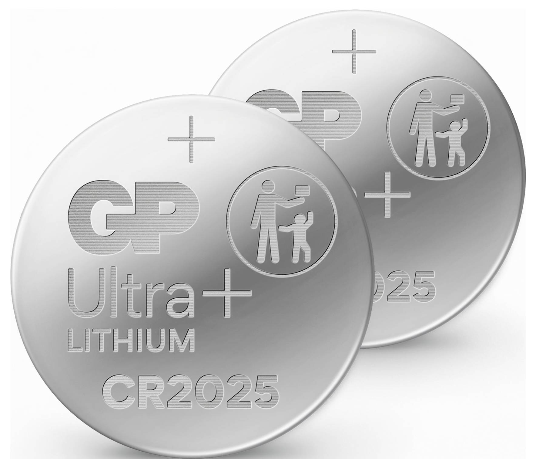 Zwei Silber-CR2025-Lithiumbatterien mit Pluszeichen, Logos und dem Text 