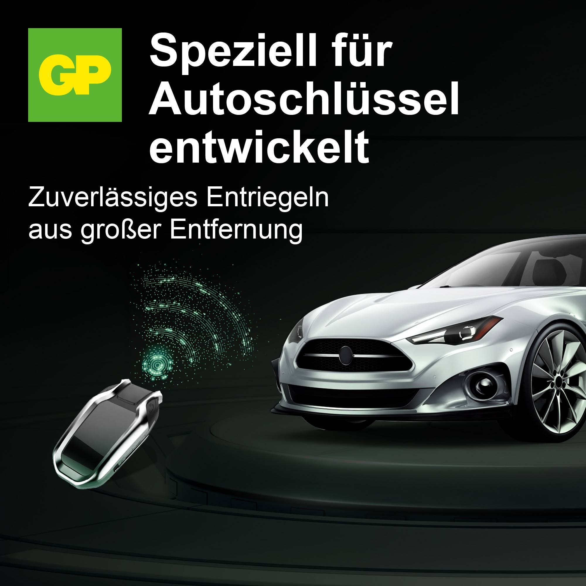 Silbernes Auto mit Funkfernbedienung. Text: Speziell für Autoschlüssel entwickelt. Zuverlässiges Entriegeln aus großer Entfernung.