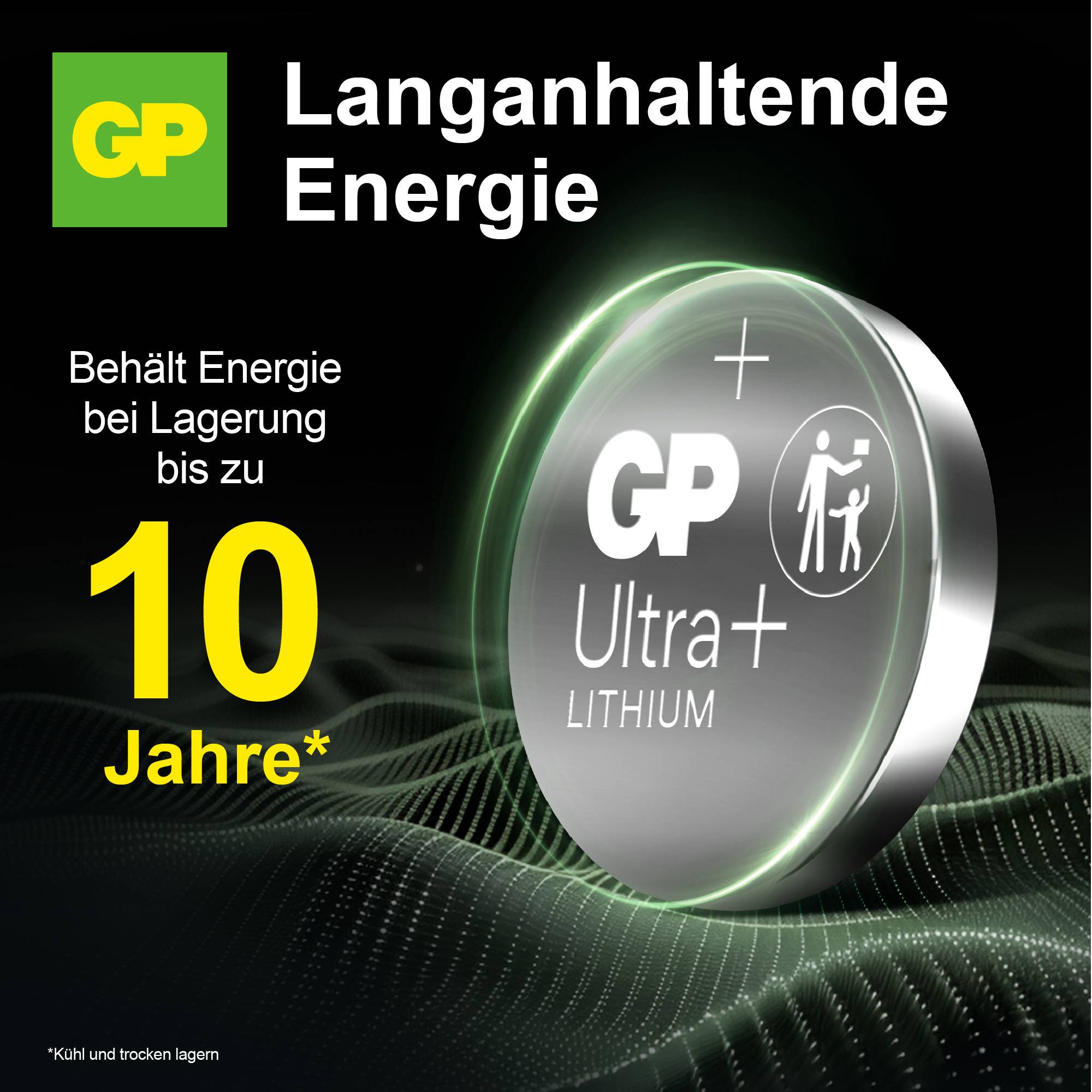GP Ultra Plus Lithium-Batterie. Langanhaltende Energie. Behält Energie bei Lagerung bis zu 10 Jahre.