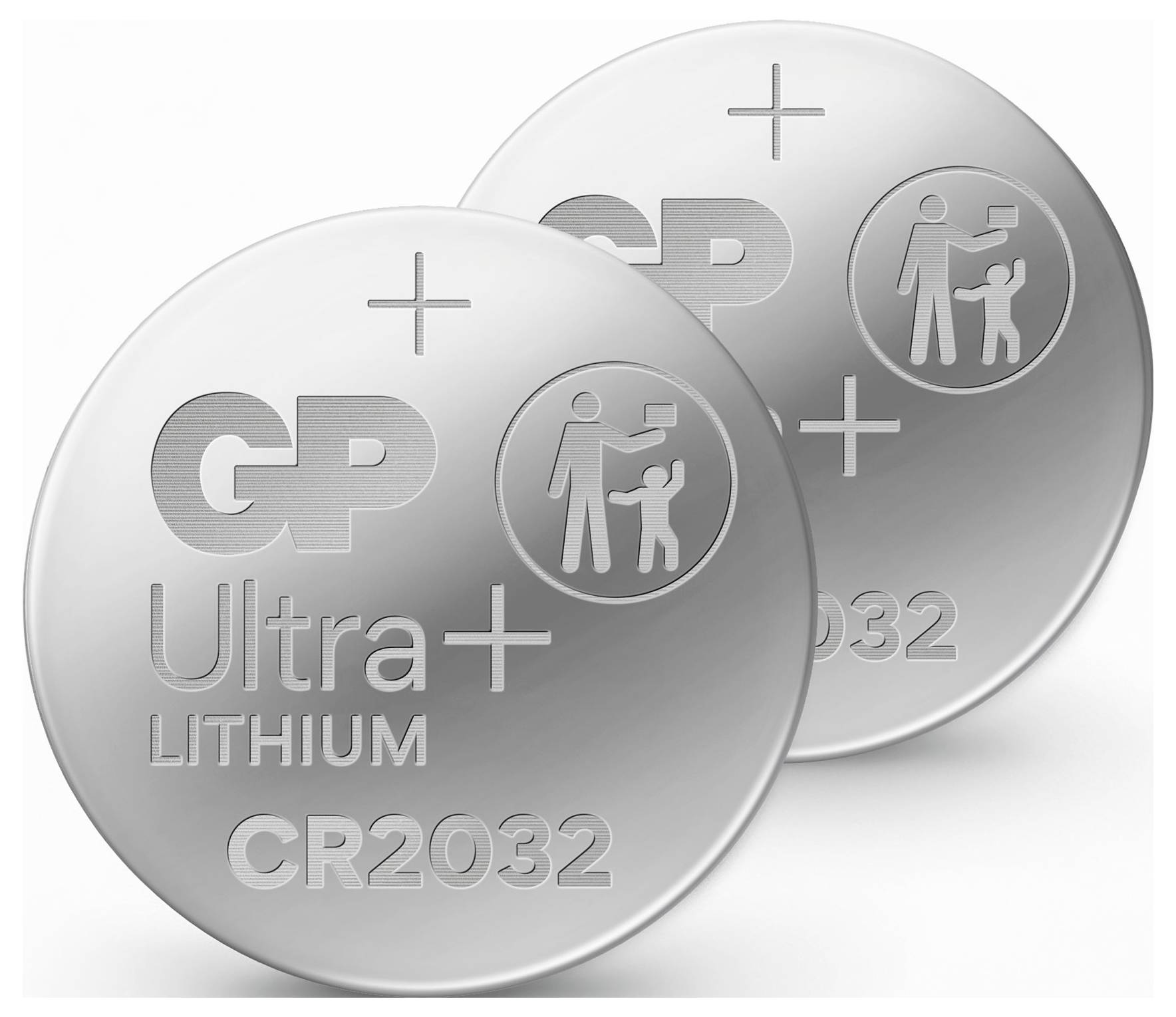 Zwei Silber-CR2032-Lithium-Knopfzellen, mit dem Label 'GP Ultra+' und einem Sicherheitssymbol, das ein Kind und einen Erwachsenen zeigt.