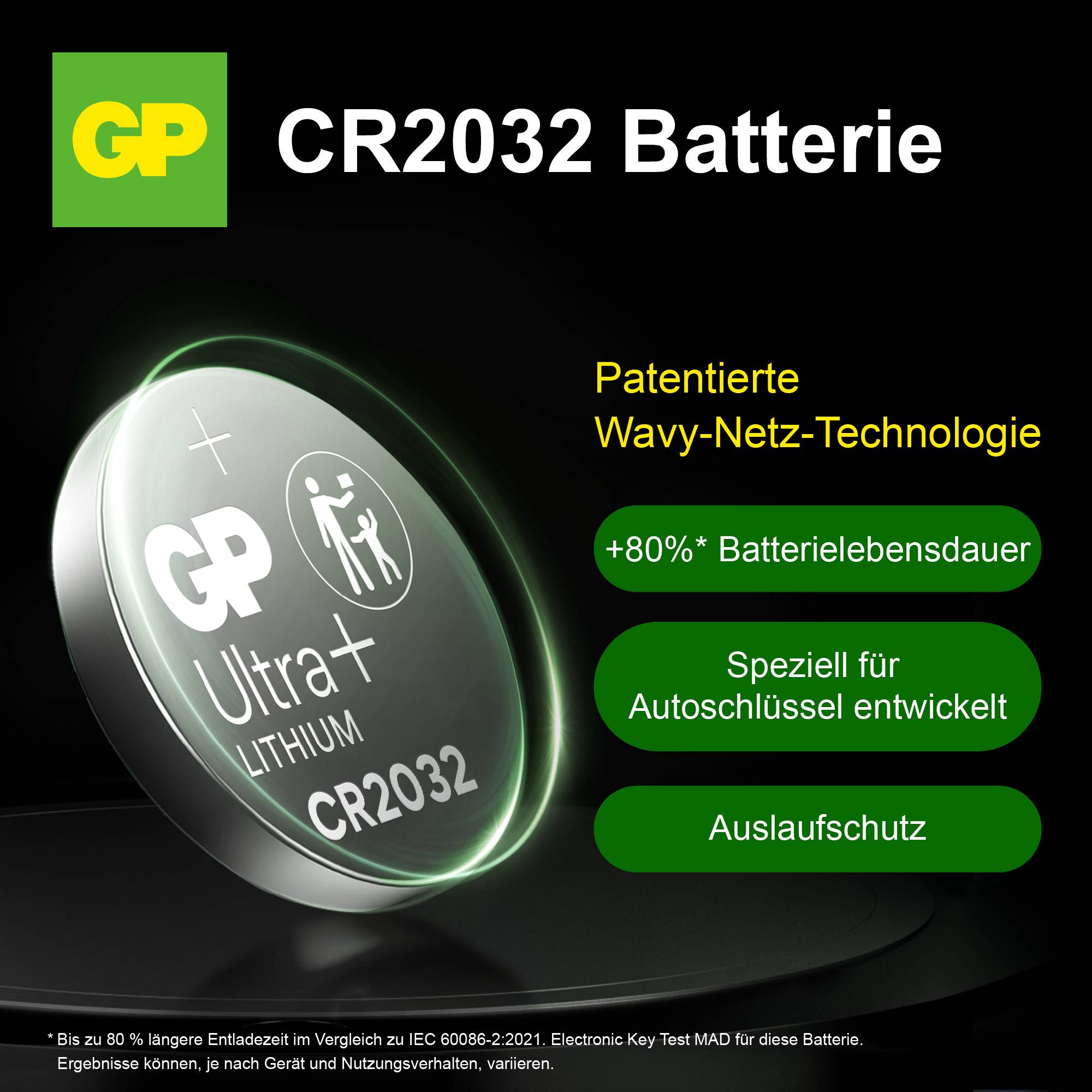 'CR2032 Batterie von GP' mit patentierter Wavy-Netz-Technologie. Verspricht 80% längere Lebensdauer, speziell für Autoschlüssel entwickelt, mit Auslaufschutz.