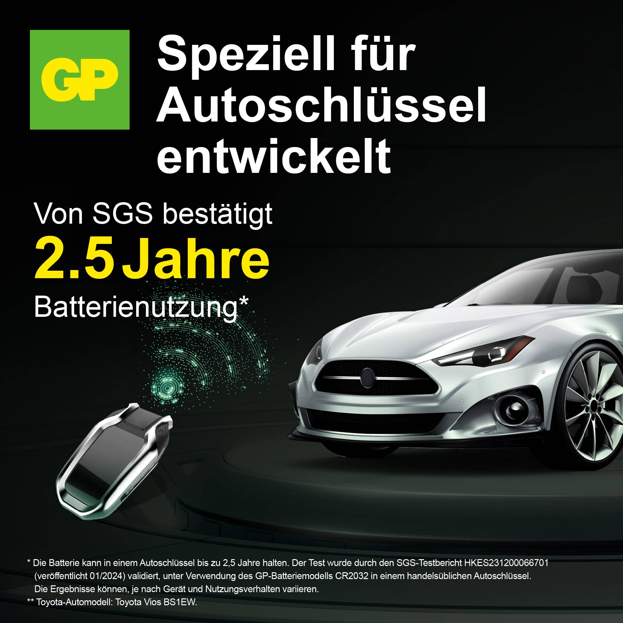 Speziell für Autoschlüssel entwickelt. 2,5 Jahre Batterielebensdauer. Abgebildet: Auto, Autoschlüssel, Diagramm der Nutzung