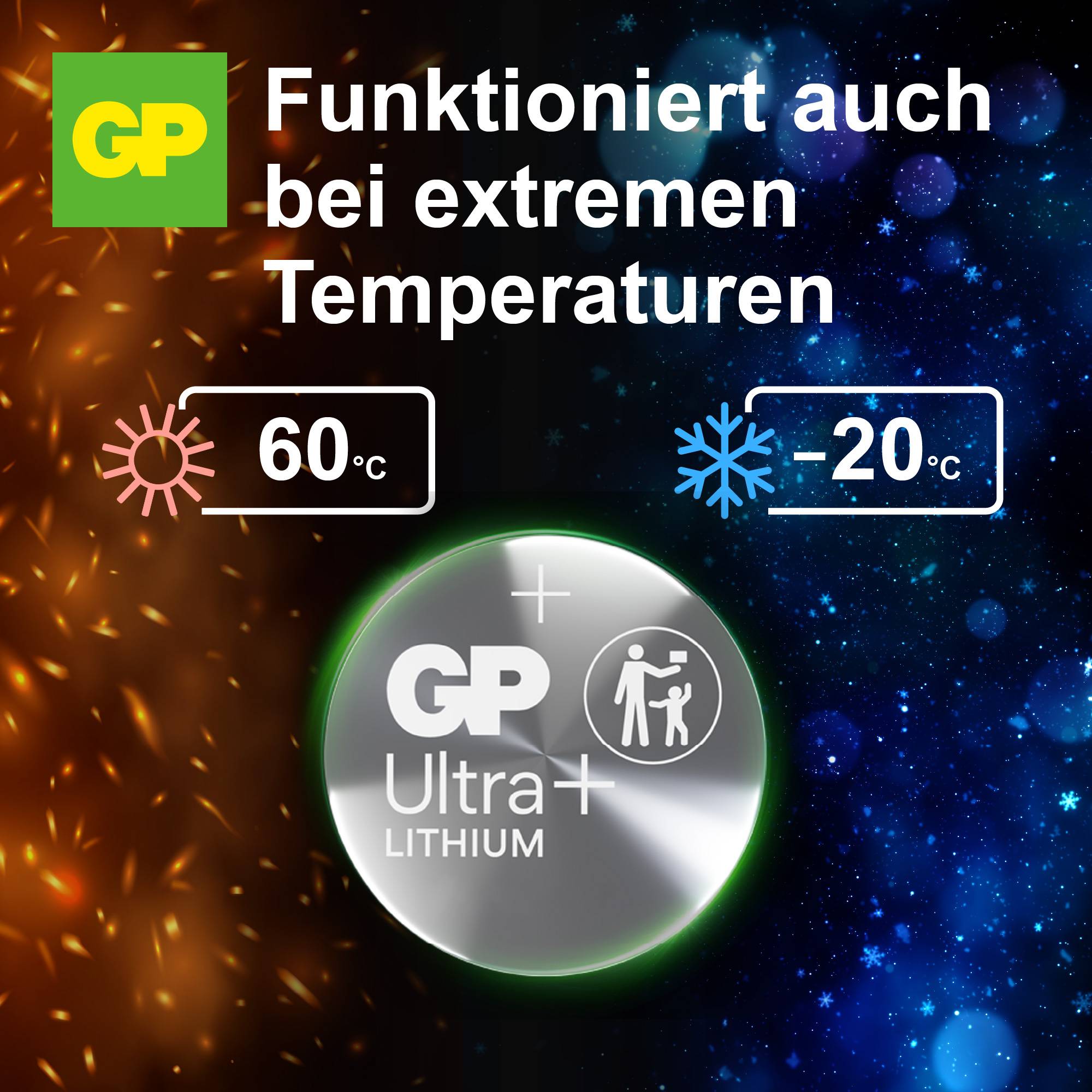 Die Abbildung zeigt eine Batterie mit der Aufschrift 'GP Ultra Lithium', hervorgehoben durch Symbole für 60°C und -20°C für extreme Temperaturen.