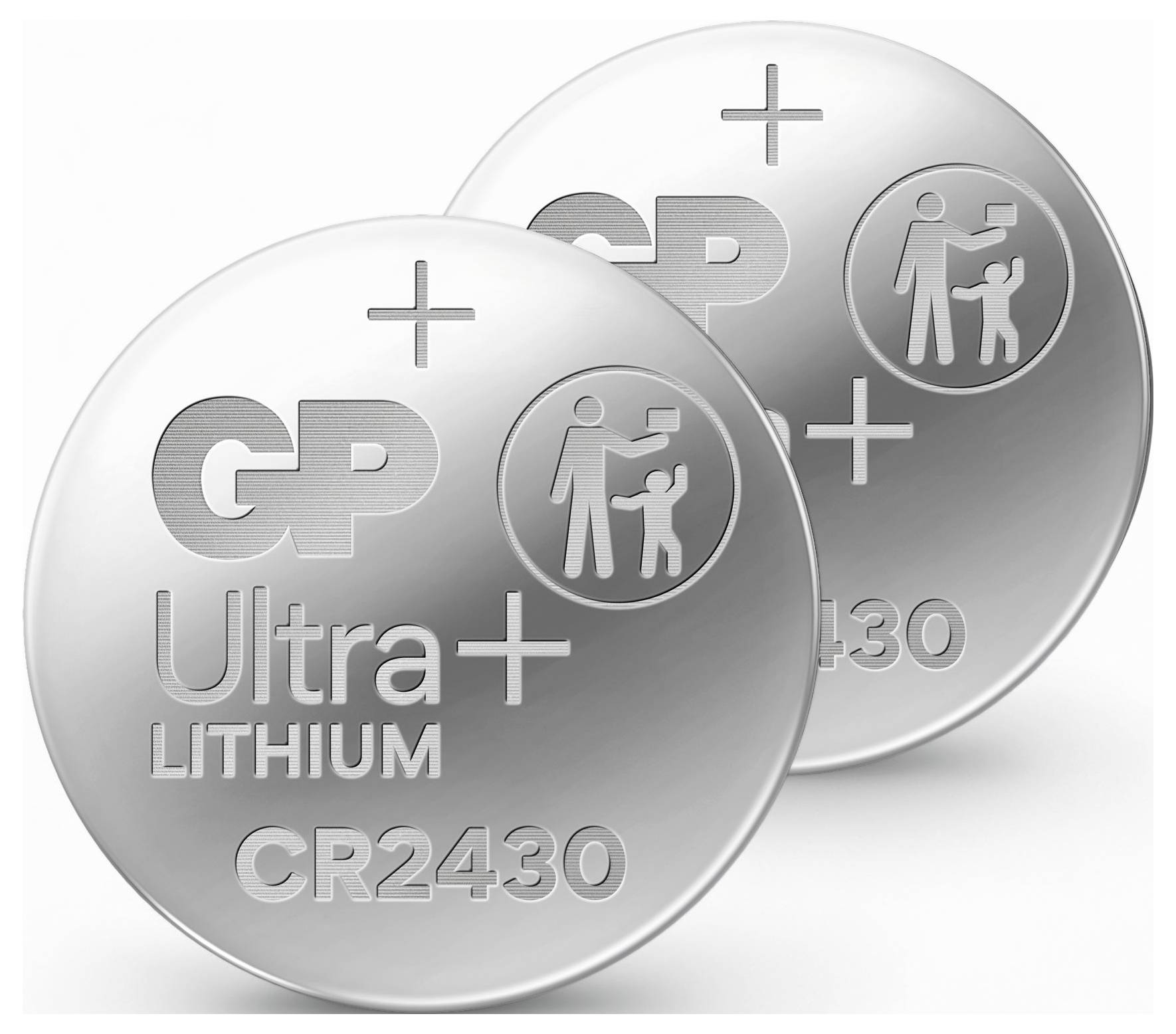Zwei Lithium-Knopfzellen aus Silber, gekennzeichnet mit 'GP Ultra Plus CR2430', zeigen ein Sicherheitswarnzeichen mit einem durchgestrichenen Kind.