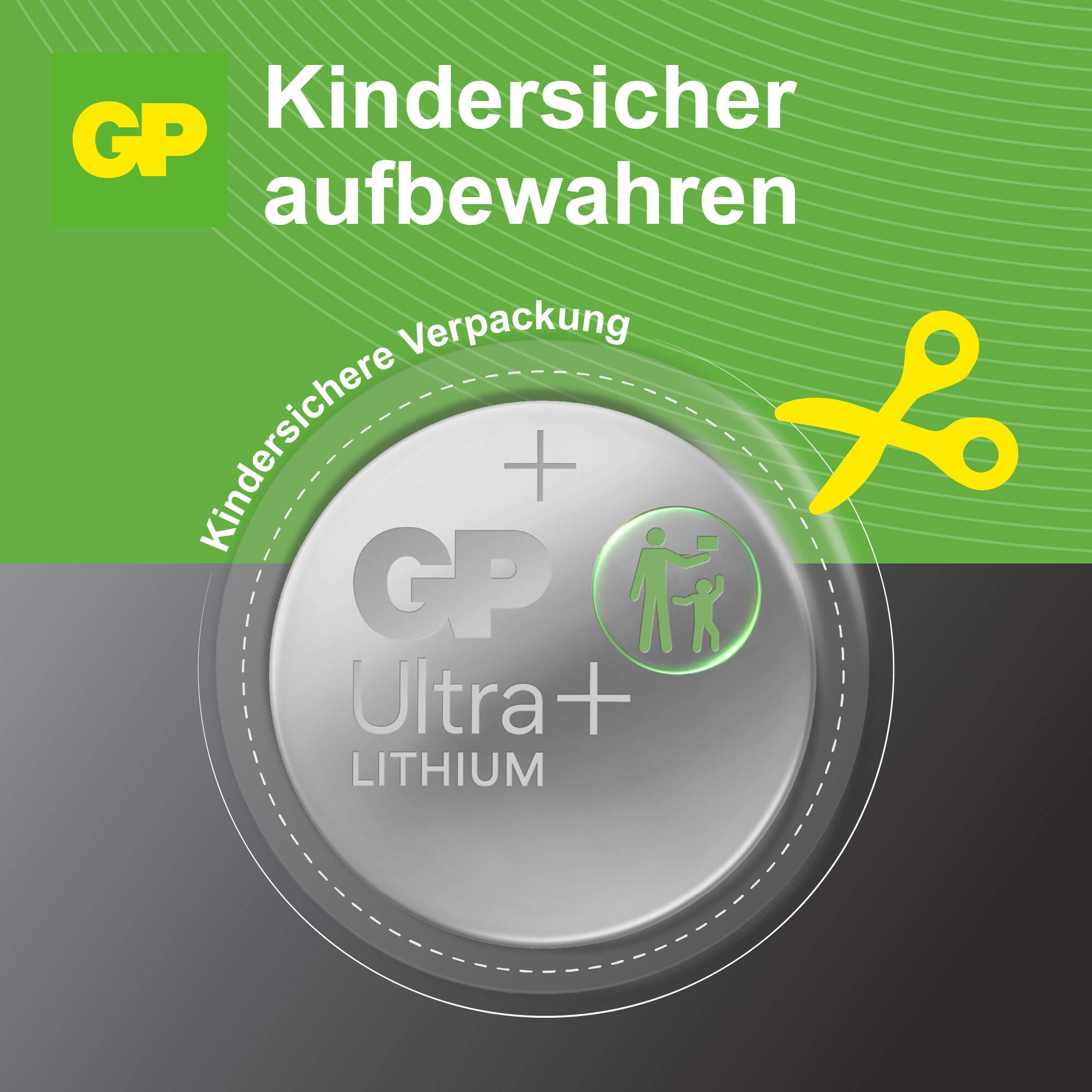 'GP Ultra Lithium' Batterie in kindersicherer Verpackung, grüner Hintergrund, gelbe Schere als Symbol für Schneiden erforderlich.