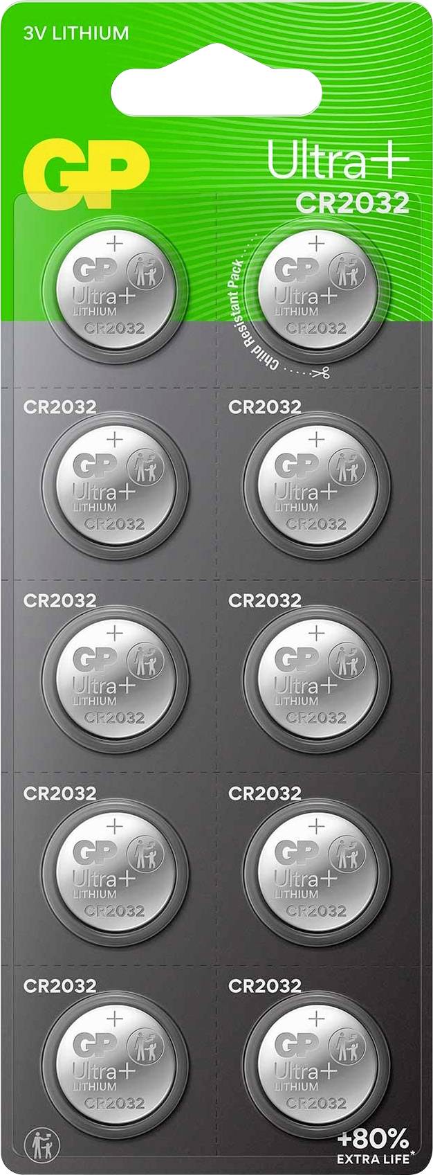 Verpackung mit acht GP Ultra+ CR2032-Knopfzellen; grüne/ graue Vorderseite mit Produktname, '3V Lithium' und '80% Extra Life'.