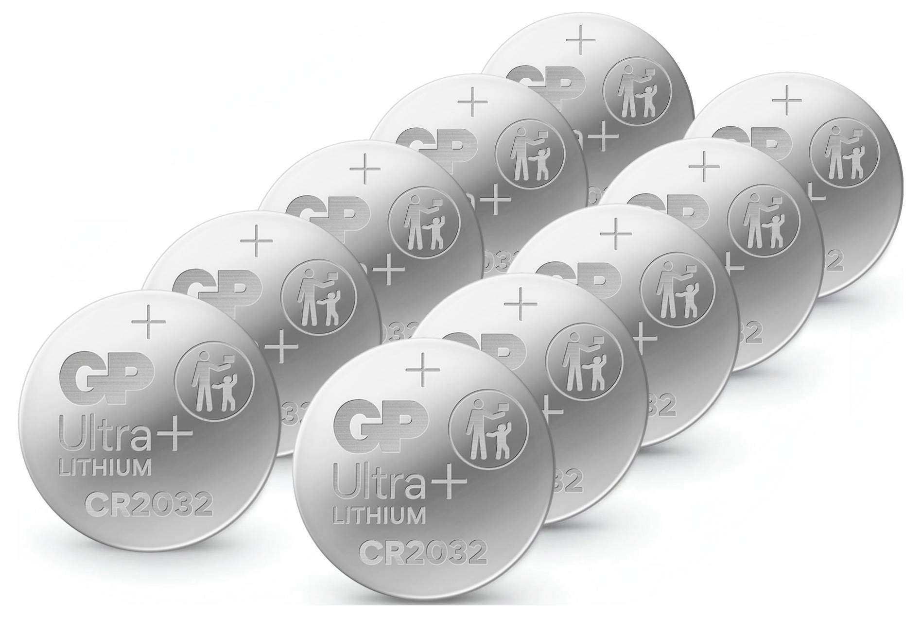 Ein Set von zwölf GP Ultra Lithium CR2032 Batterien, in einem ordentlichen, überlappenden Muster angeordnet, das ihre identische Gestaltung und Beschriftung präsentiert.