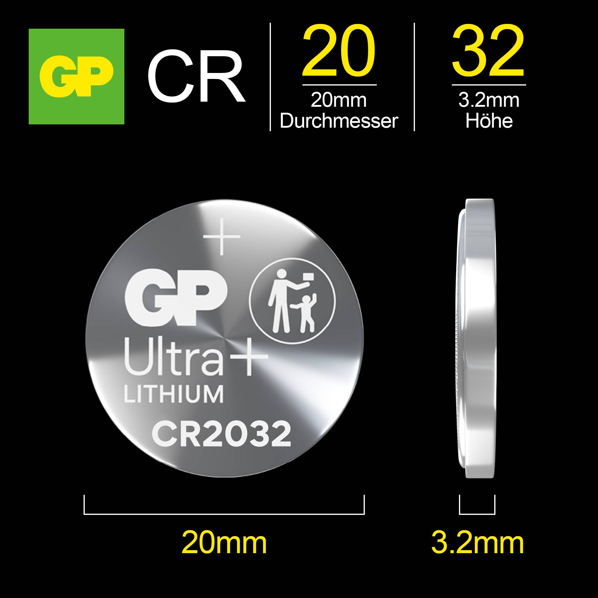 'Lithiumbatterie GP CR2032', Durchmesser 20 mm, Höhe 3,2 mm. Verpackungsabbildung mit Batteriegröße und Sicherheitswarnsymbol.