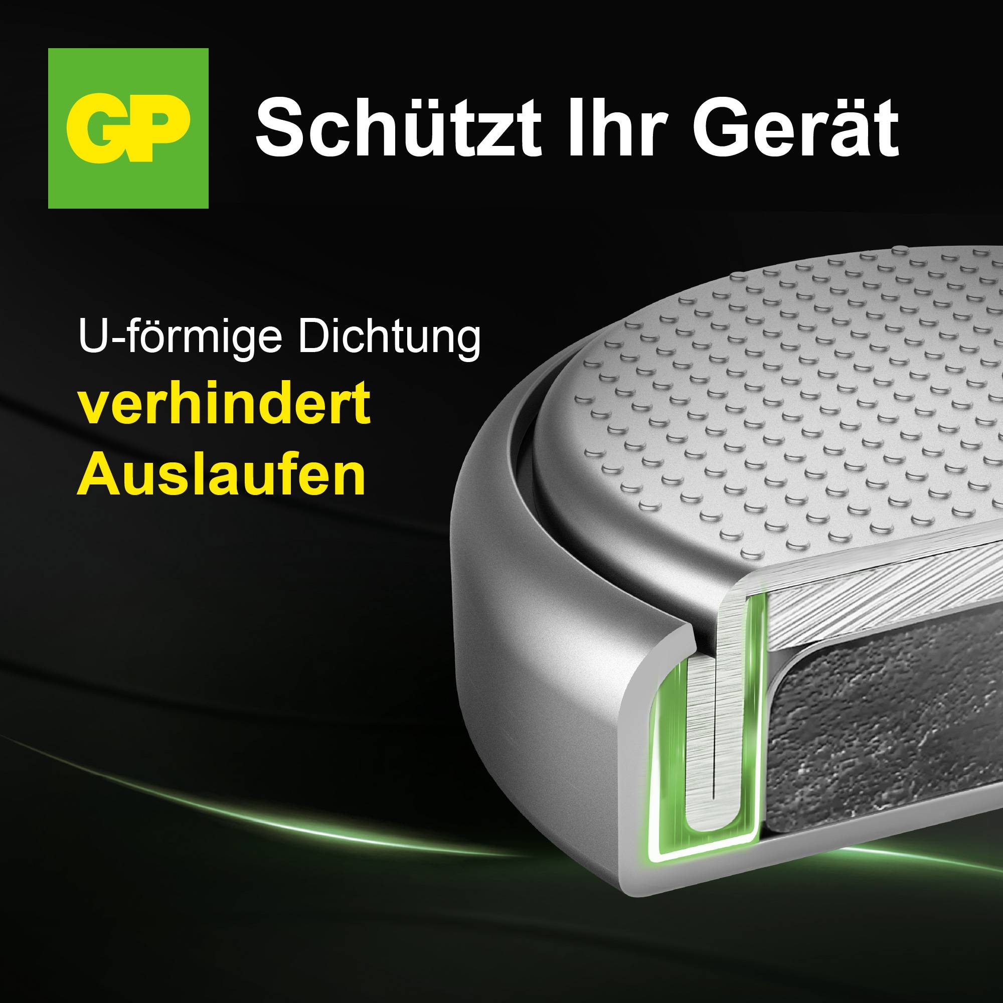 'U-förmige Dichtung verhindert Auslaufen effektiv.' Bild zeigt eine versiegelte Dichtung mit Text, der die Funktion betont.