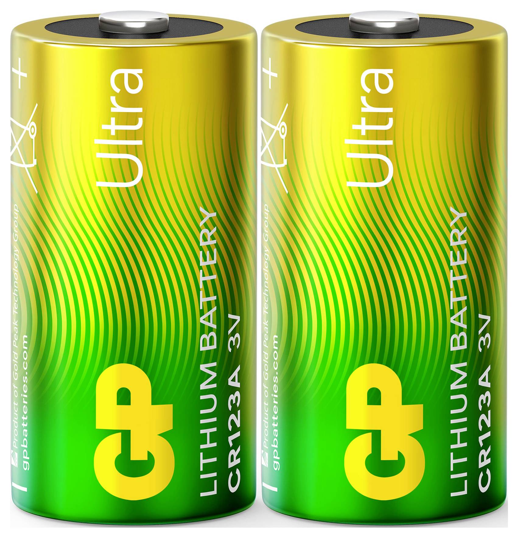 Zwei zylindrische Lithiumbatterien mit der Bezeichnung 'Ultra GP CR123A 3V' mit grün-gelber Gestaltung, Plus- und Minussymbolen zur Anzeige der Polarität.