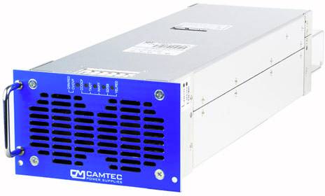 Industrielles Netzteil mit blauer Frontplatte, versehen mit Regelbedienteilen und der Markenbezeichnung 'CAMTEC Power Supplies' auf der Vorderseite.