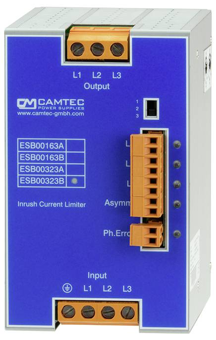 Camtec Power Supplies ESB00163 Einschaltstromsperrer mit blauem und orangefarbenem Design, der Ein- und Ausgabekonnektoren sowie Statusindikatoren zeigt.