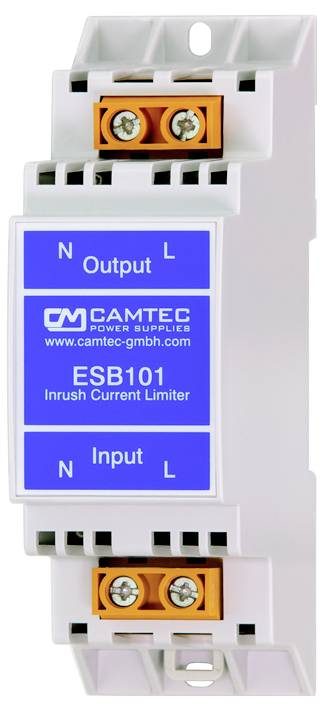Einschaltstrombegrenzer-Gerät, gekennzeichnet als ‚Camtec Power Supplies ESB101', mit Eingangs- und Ausgangsklemmen, verwendet zur Steuerung elektrischer Ströme.
