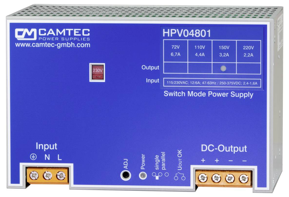 CAMTEC HPV04801 Schaltnetzteil mit blauem Gehäuse. Ausgänge: 72V, 48V, 24V, 12V. Eingänge: 115/230VAC. Verfügt über verschiedene Anschlussports.
