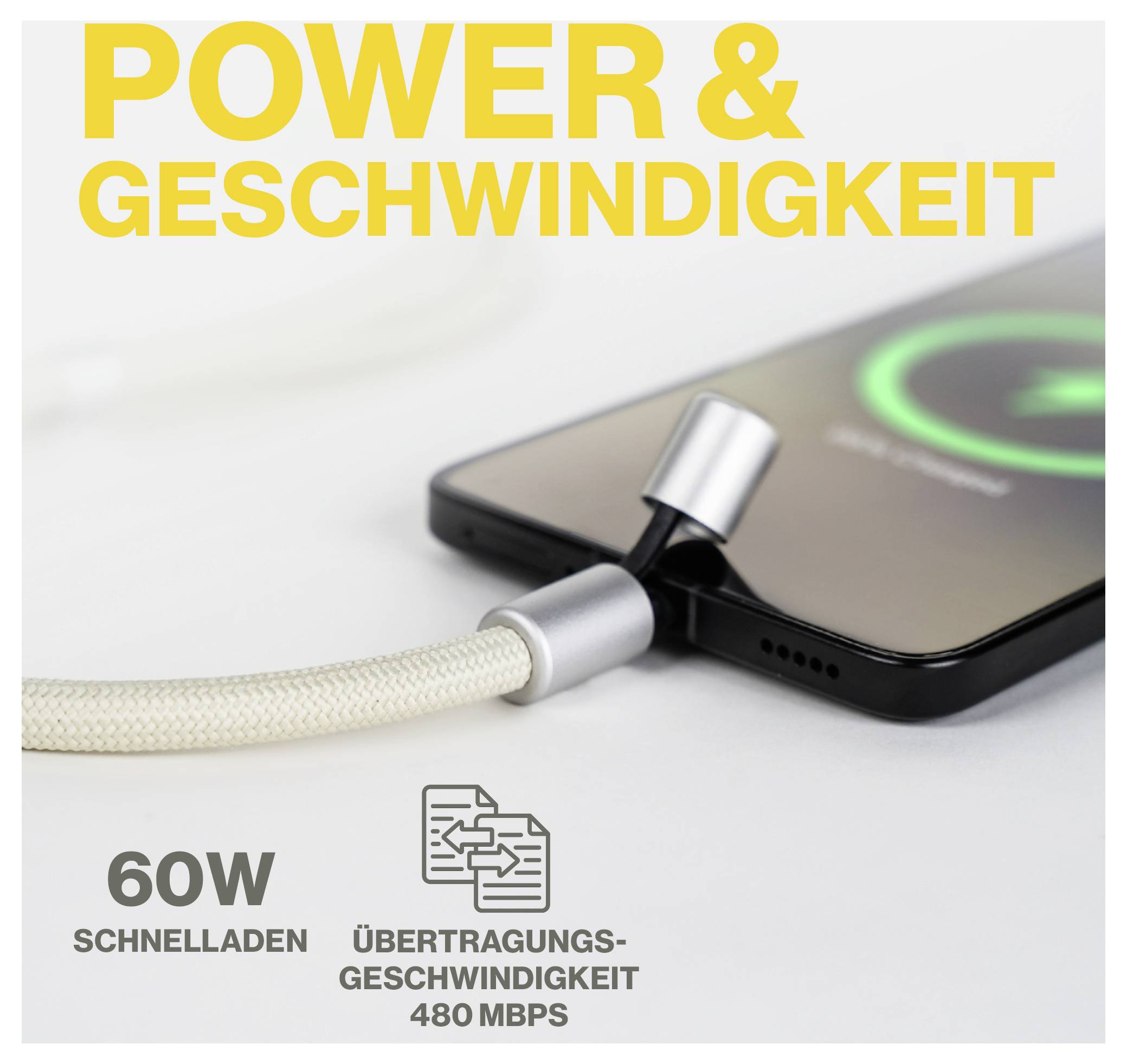 Ein Smartphone wird mit einem geflochtenen Kabel aufgeladen. Der Text lautet „Power & Geschwindigkeit