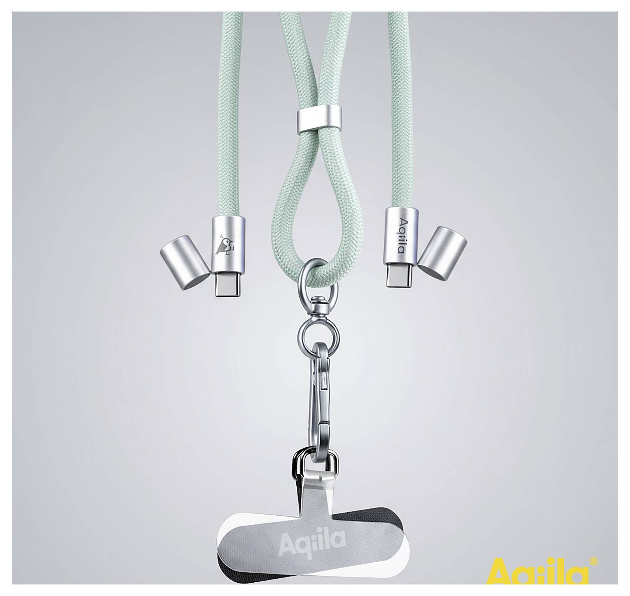 Ein multifunktionales Ladekabel in Mintgrün und Silber mit Clips, ausgestattet mit verschiedenen Anschlüssen und einem markierten Schlüsselanhänger.