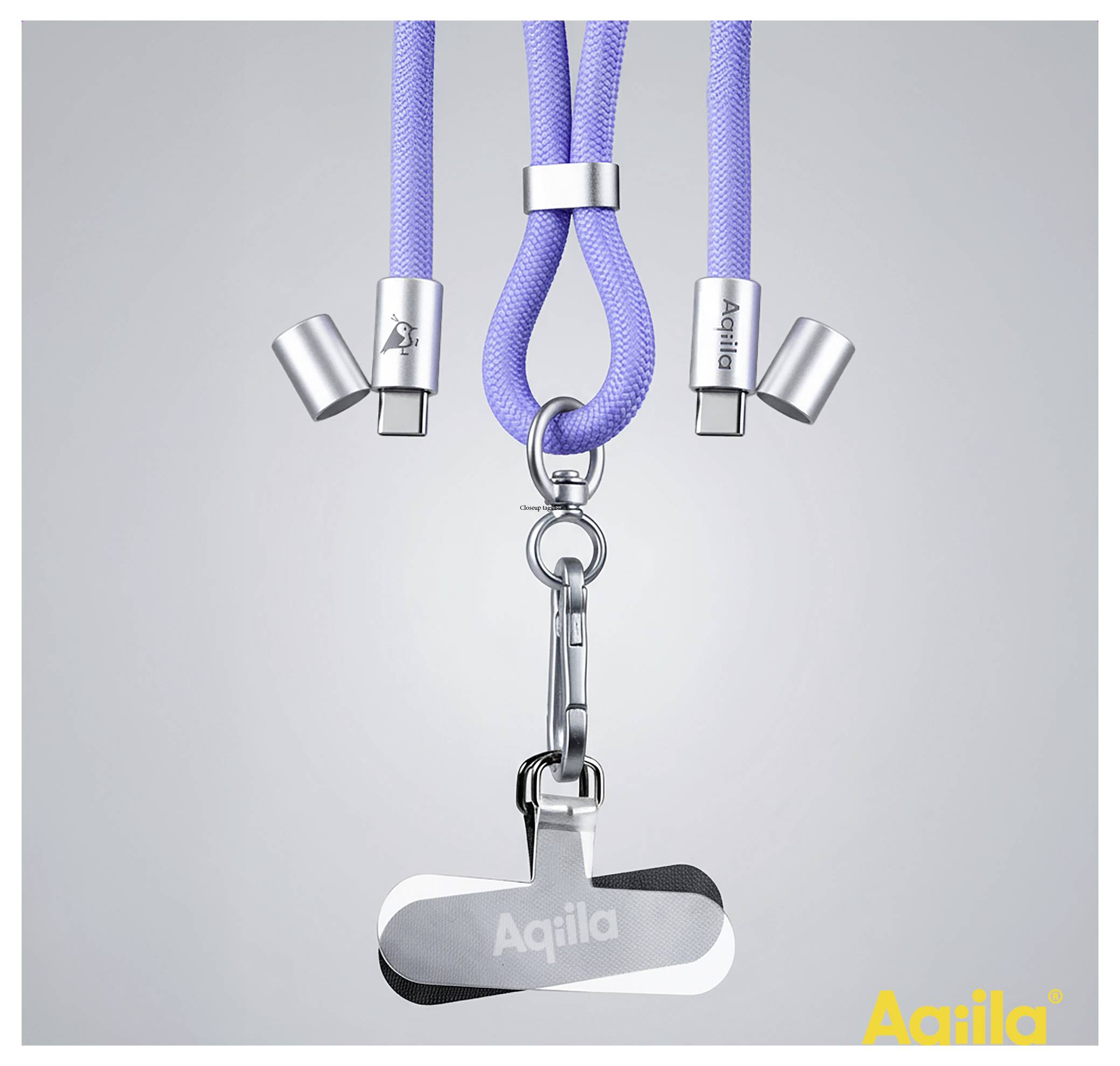 Ein funkelnder Ladekabel-Schlüsselanhänger mit drei Anschlüssen (USB-C, Lightning, Micro-USB), auf dem 