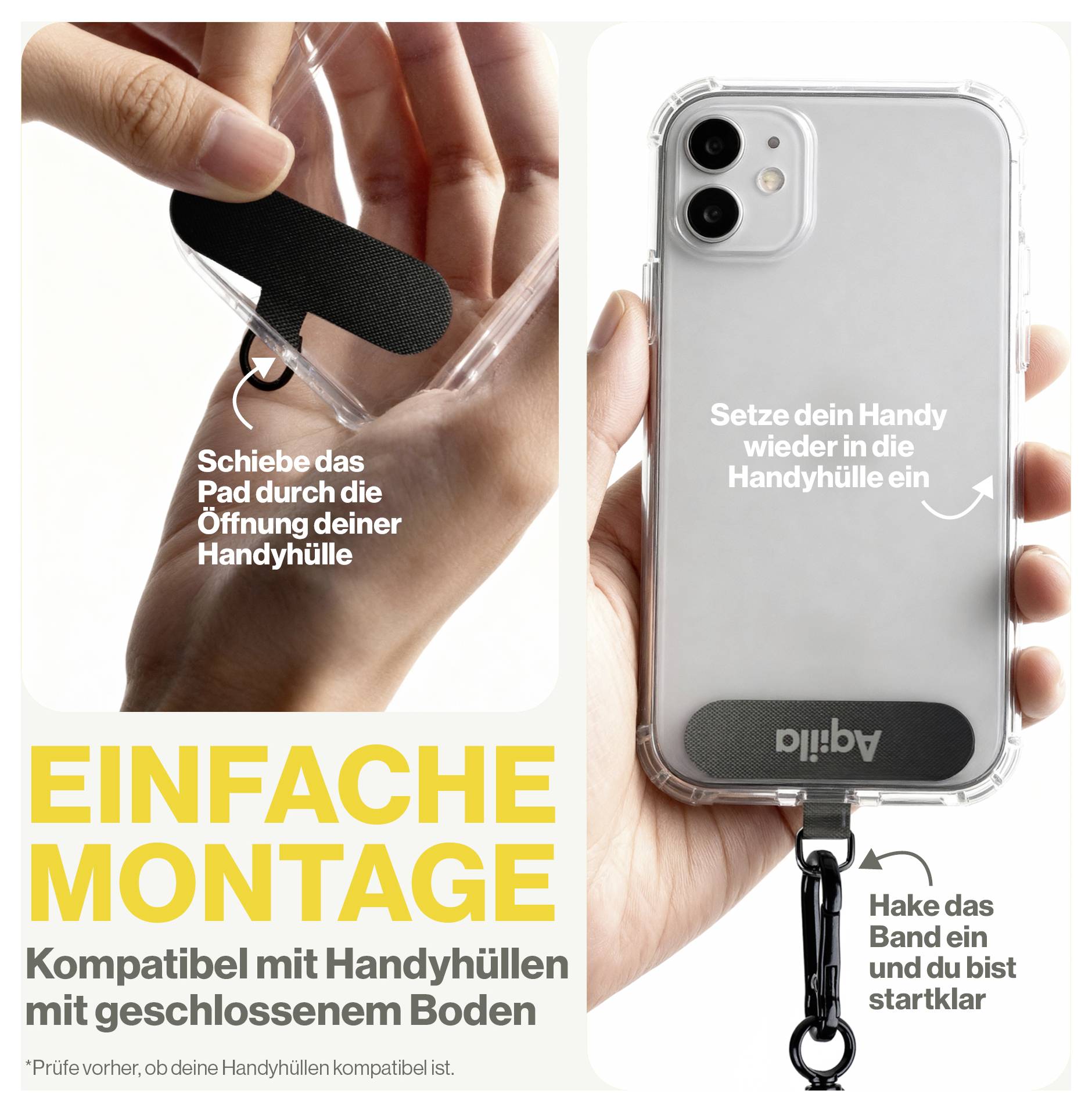 Einfache Montage<br><br>*Zeigt eine Hand, die einen Pad in ein Telefongehäuse einfügt und die mühelose Lanyard-Befestigung demonstriert*