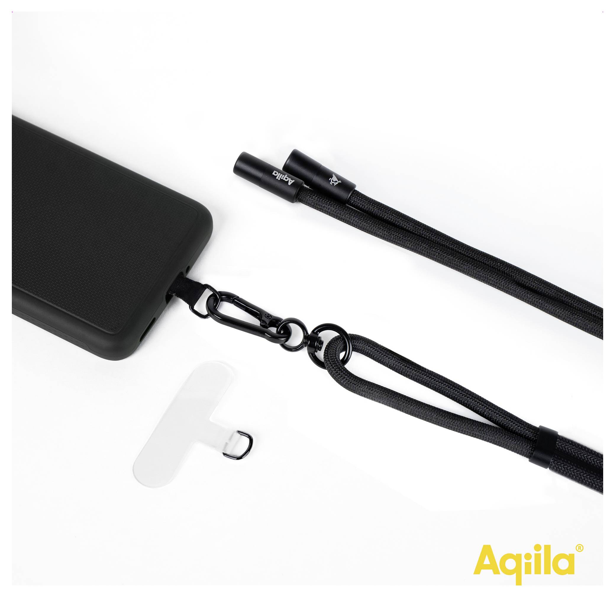 Schwarze Handyhülle mit einer Umhängeschnur, die durch einen Metallclip verbunden ist, und einem kleinen transparenten Aufkleber daneben. Markenlogo 'Aqilla' in der Ecke.