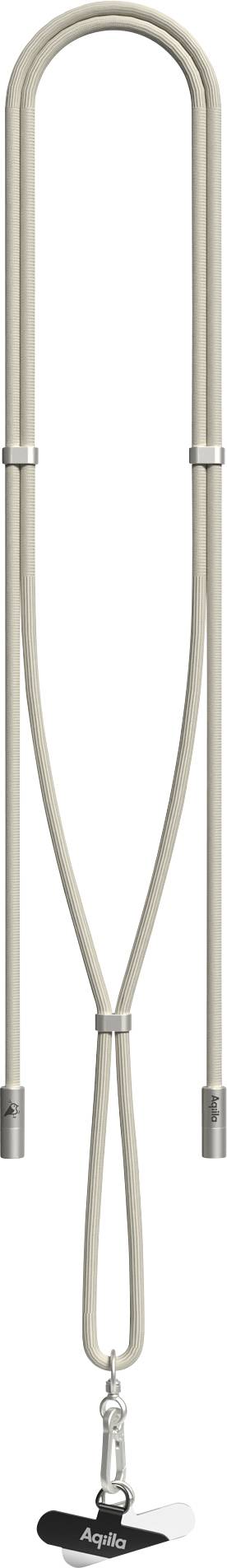 Beige Springseil mit Metallgriffen, zu einer Schleife gewickelt, mit einem schwarzen Clip am Ende. Geeignet für Fitness- und Trainingsaktivitäten.