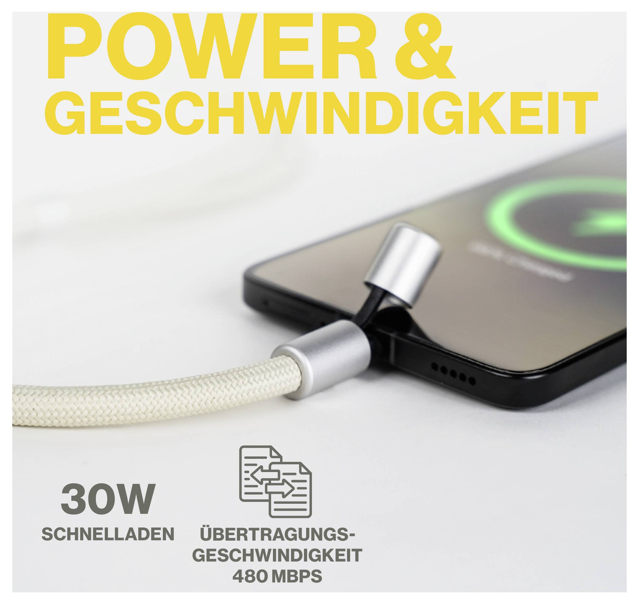 Ein Smartphone wird an ein Ladekabel angeschlossen mit dem Text '30W Schnellladen' und 'Übertragungsgeschwindigkeit 480 Mbps', was schnelles Laden und Datenübertragung anzeigt.