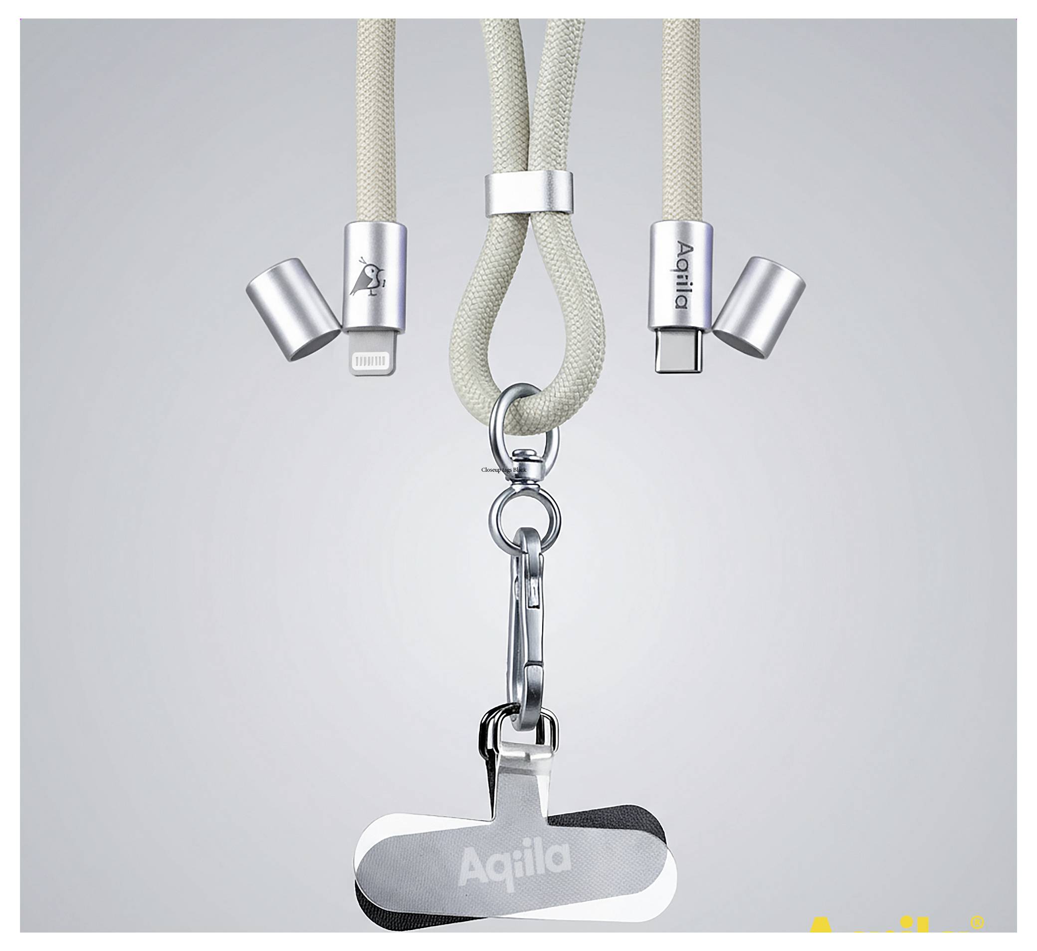 Aqila-Produkt präsentiert ein Multi-Connector-Kabel mit Lightning- und USB-C-Anschlüssen, entwickelt für vielseitige Ladungslösungen.