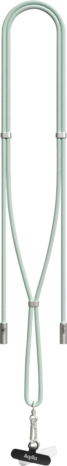 Eine türkisfarbene Schlüsselband-Lanyard mit Metallverschlüssen wird gezeigt, angehängt an einen Clip mit der Beschriftung 