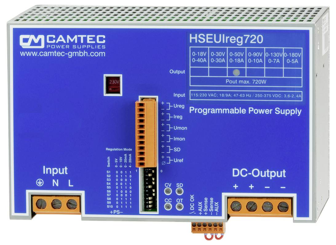 CAMTEC HSEUIreg720: Programmierbares Netzteil, Eingabe: 0-18V bis 0-360V, Ausgabe: 0-720W, mit Darstellung der Eingangs-/Ausgangsanschlüsse und Einstellungen.