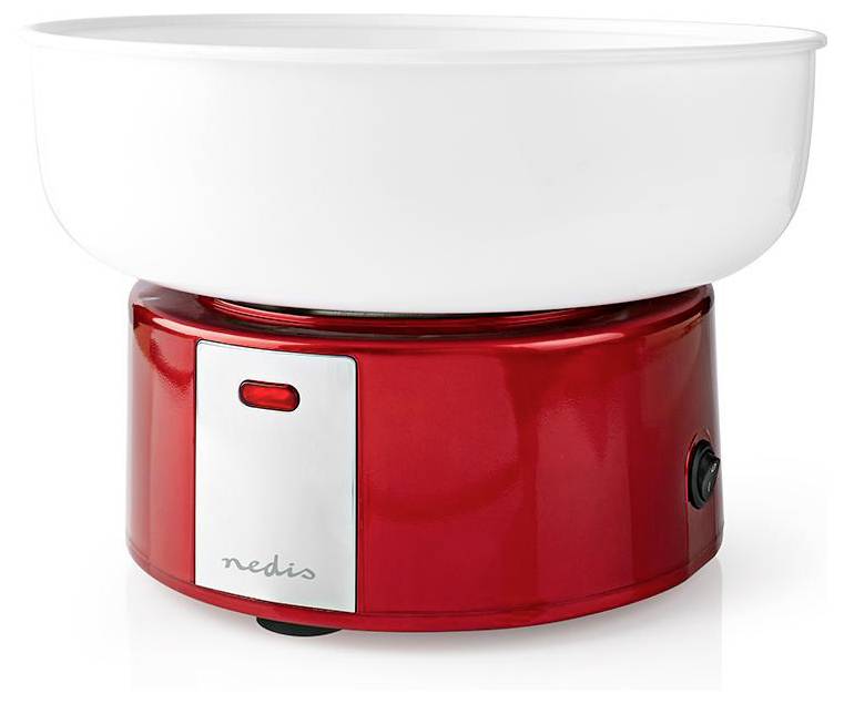 Eine rote Zuckerwattemaschine mit einer weißen Schüssel oben drauf, ausgestattet mit einem Netzschalter und der Markenbezeichnung 'nedis' an der Vorderseite.
