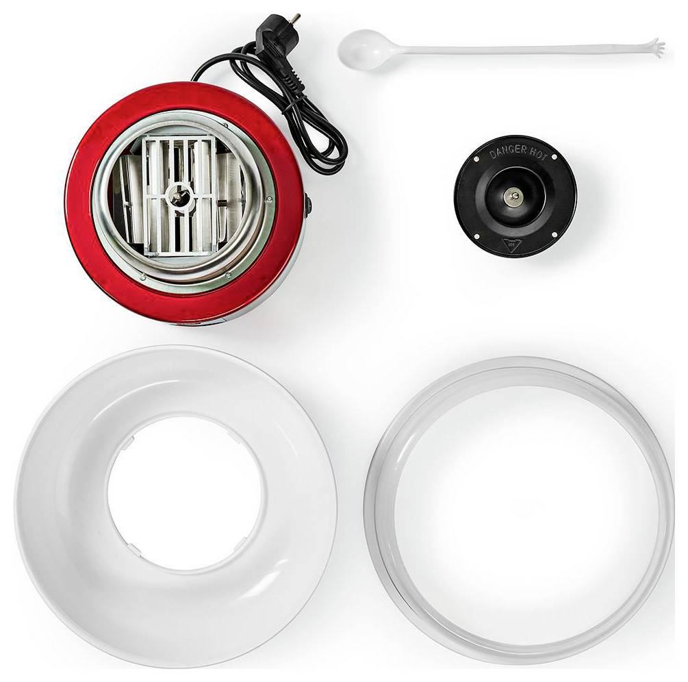 Teile einer Zuckerwattemaschine: eine rote Basis mit Kabel, eine zentrale Schüsselkomponente mit der Markierung ‚ACHTUNG HEISS', eine durchsichtige Schüssel, einen weißen Ring und einen Löffel.