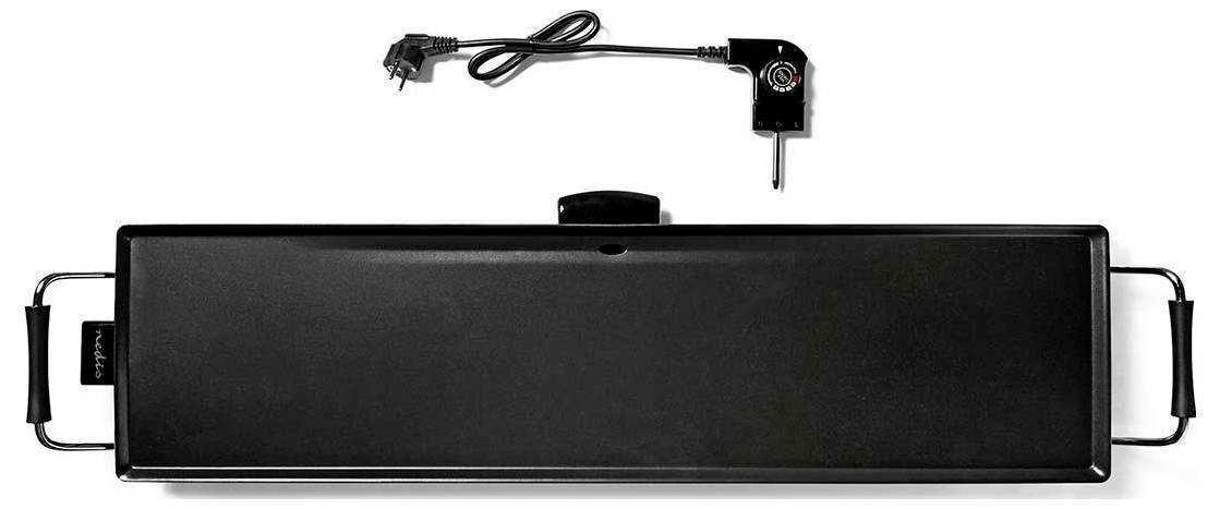 Elektrische Grillplatte mit abnehmbarem Netzkabel und Temperaturregler, ausgestattet mit einer langen rechteckigen Kochfläche und Griffen an beiden Seiten.