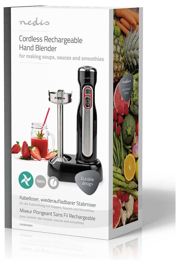 Kabellose, aufladbare Stabmixer-Verpackung mit Darstellung des Mixers und verschiedener Obst- und Gemüsesorten, die die Verwendung für Suppen und Smoothies hervorhebt.