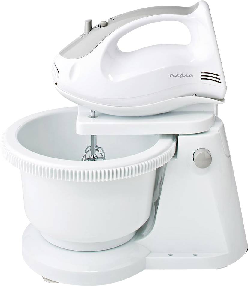 Ein weißer Standmixer mit abnehmbarer Schüssel und Rührbeaten, geeignet zum Backen und Mischen von Zutaten.