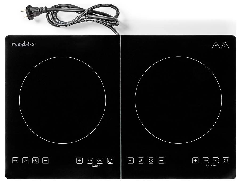 Eine Doppel-Induktionskochplatte mit taktilen Bedienknöpfen, Leistungsstufen und einem Netzkabel. Geeignet für effizientes Kochen zu Hause.