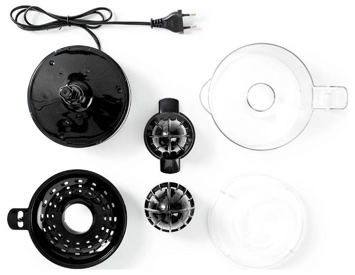 Elektrischer Entsafter, der auf weißem Hintergrund in seine Einzelteile zerlegt ist: Motorgehäuse, Stecker, Saftpresse, Pulpafilter, Auffangbehälter und Deckel.