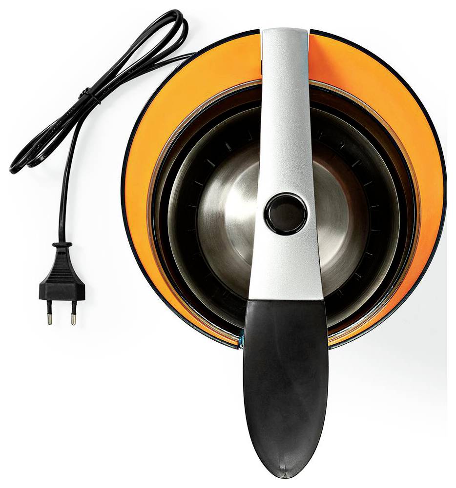 Draufsicht eines elektrischen Zitruspressers mit einer orange-schwarzen Basis, einem silbernen Hebel und einem angeschlossenen Stecker, der sein kompaktes Design zeigt.