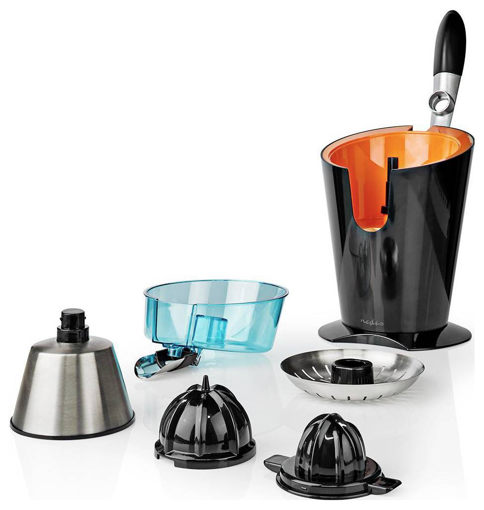 Elektrischer Zitrusfrucht-Entsafter-Set mit verschiedenen abnehmbaren Teilen, einschließlich einer schwarz-orangefarbenen Basis, einem Glaskontainer und drei verschiedenen Presser-Größen zum Auspressen von Saft.