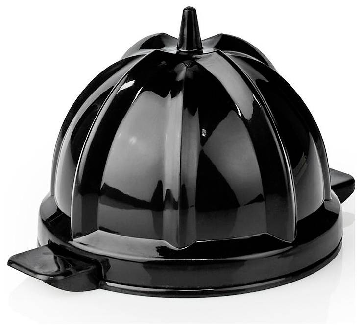 Eine schwarze, kuppelförmige Gelatine-Form mit einem Griff an der Seite, die ein klassisches gewölbtes Design zum Formen von Desserts wie Gelee oder Aspik zeigt.