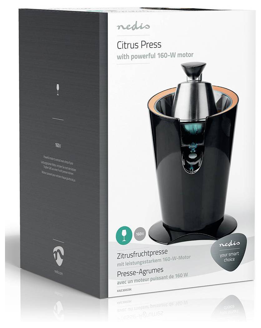 Schachteln mit einer Nedis-Zitruspressen mit einem 160-Watt-Motor, mit einem eleganten schwarzen Design und Text in mehreren Sprachen, die wichtige Funktionen hervorheben.
