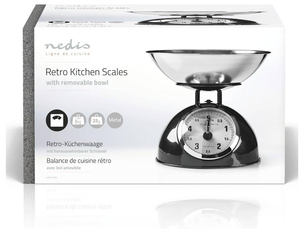 Retrowaage für die Küche mit abnehmbarer Schüssel, die eine klassische Designwaage mit einer herausnehmbaren Metallschüssel auf einer weißen Verpackung zeigt.