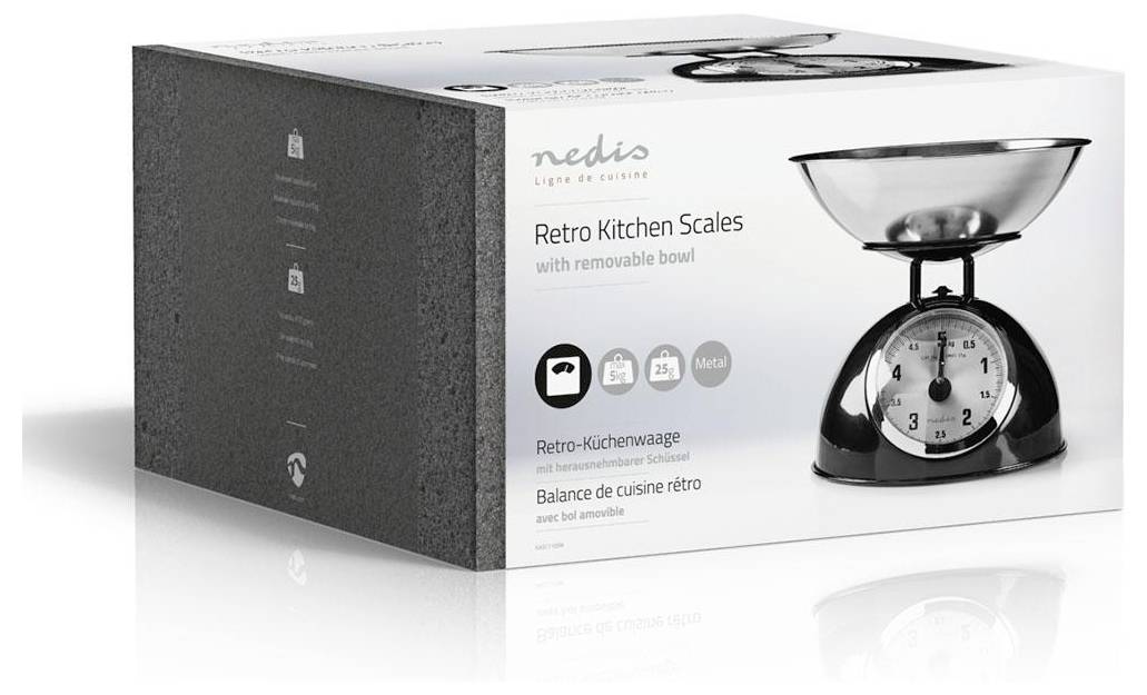 Verpackungsschachtel mit einer Retro-Küchenwaage mit abnehmbarer Metallschale. Die Waage verfügt über ein rundes Zifferblatt und trägt die Markenbezeichnung 