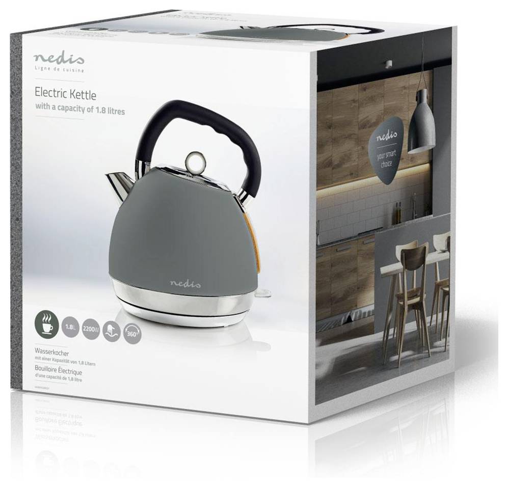 Grauer elektrischer Wasserkocher mit einer Kapazität von 1,8 Litern, ausgestattet mit Wasserstandsanzeige und 360-Grad-Drehung. Die Verpackung enthält ein Küchenabbild.