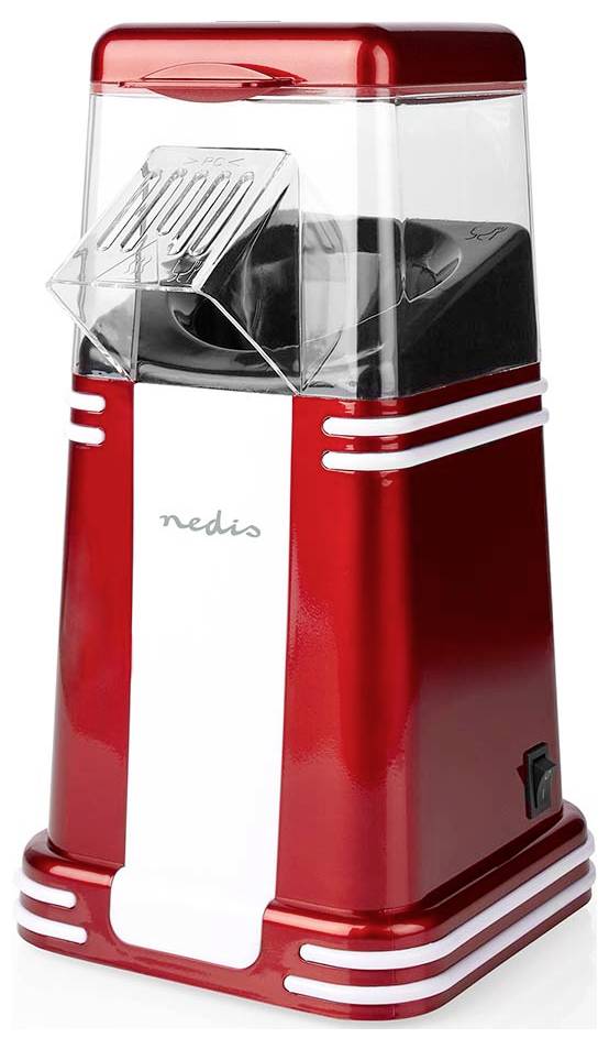 Ein roter elektrischer Popcorn-Maker mit durchsichtigem Deckel und 'nedis' Logo an der Vorderseite, mit einem Retrodesign und weißen Akzenten.