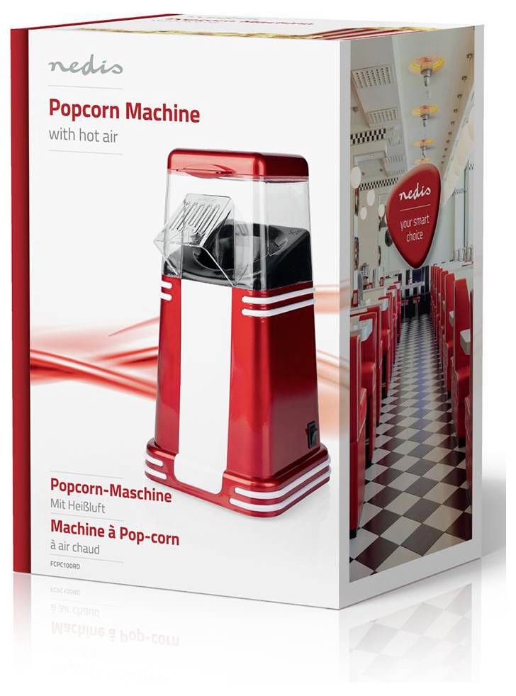 Rot-weiße elektrische Popcorn-Heißluftmaschine im Design eines Retro-Diners. Marke: Nedis.