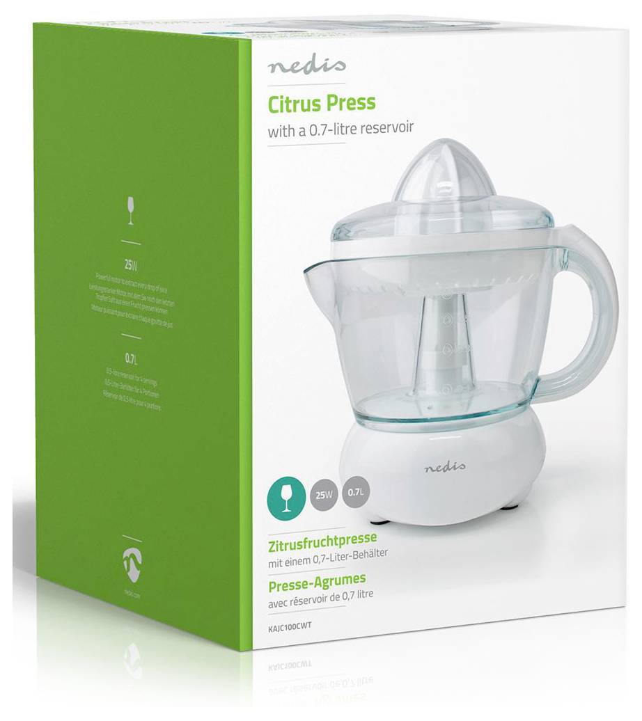 Zitronenpresse mit 0,7-Liter-Behälter, abgebildet auf einer grün-weißen Nedis-Produktverpackung. Sie zeigt das Design und die Kapazität des Entsafters.