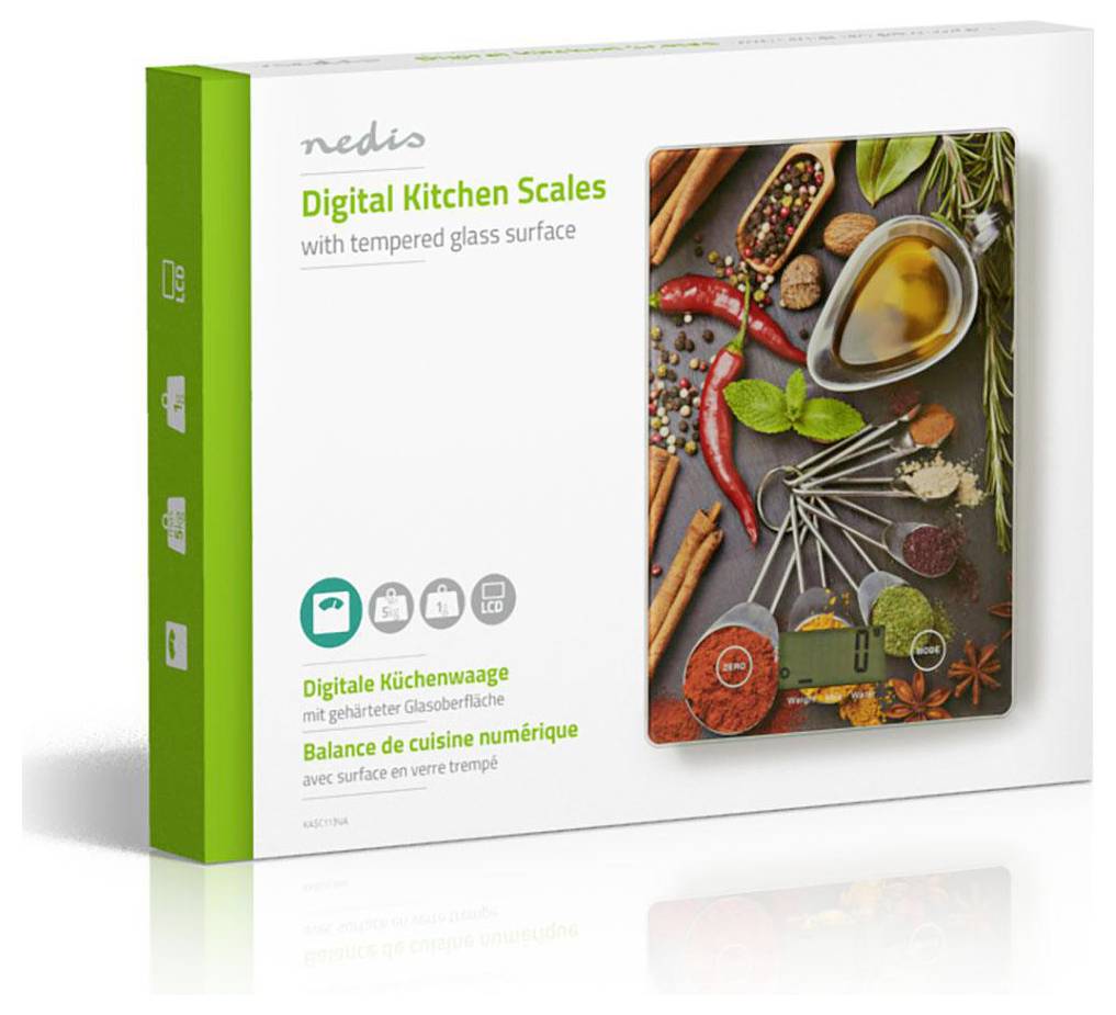 Digitale Küchenwaage mit gehärteter Glasoberfläche, Verpackung mit farbenfrohem, lebensmittelthematischem Design, Text in Englisch, Deutsch und Französisch.