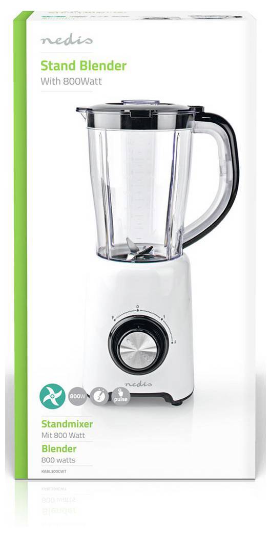 Ein weißer Nedis Standmixer mit einem 800-Watt-Motor, in seiner Originalverpackung gezeigt. Zu den Merkmalen gehören ein Drehregler an der Basis und ein durchsichtiger Mixbehälter.