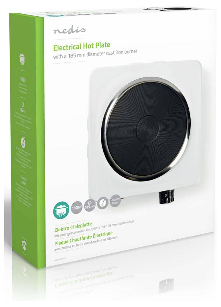 Die Verpackung des 'Nedis Elektroherd' zeigt einen weißen Herd mit einem 185 mm gusseisernen Brenner, Leistungsanzeigen und Produktmerkmalen.